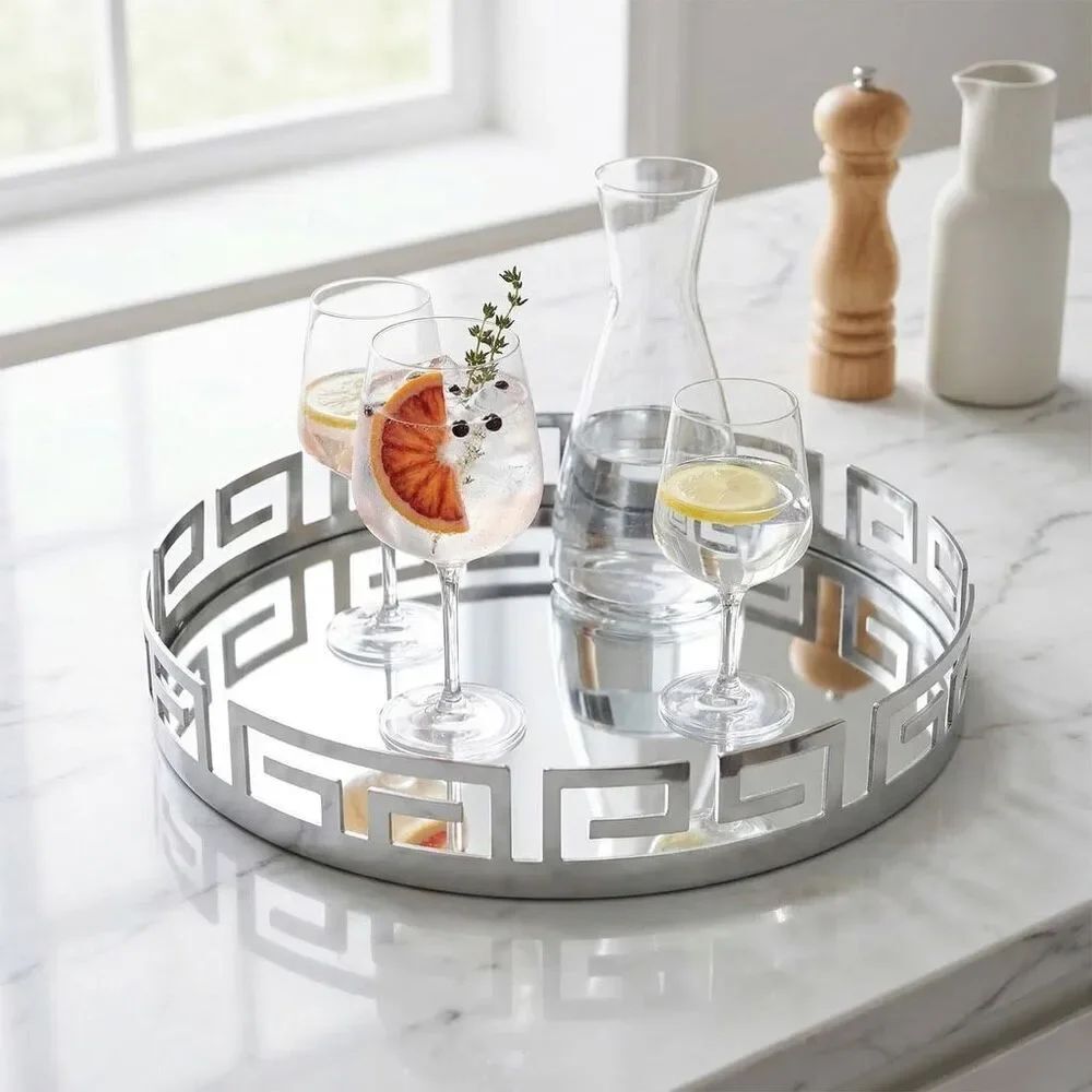 Silver Greek Key Mirrored Serving Tray Decorative Vanity Coffee Table Tray